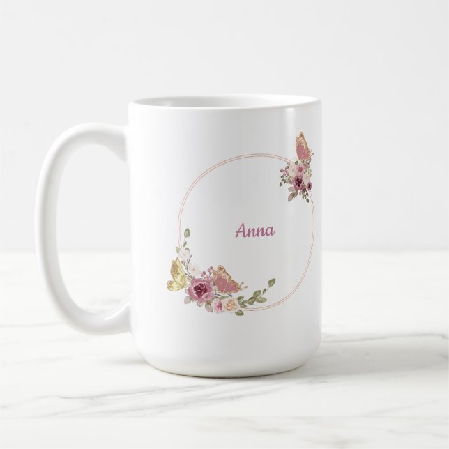 Rose Gold Butterfly Floral Latte Mug – Custom Name (Left)