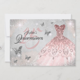 Rose Gold Butterfly Sparkle Dress Quinceanera Invitation