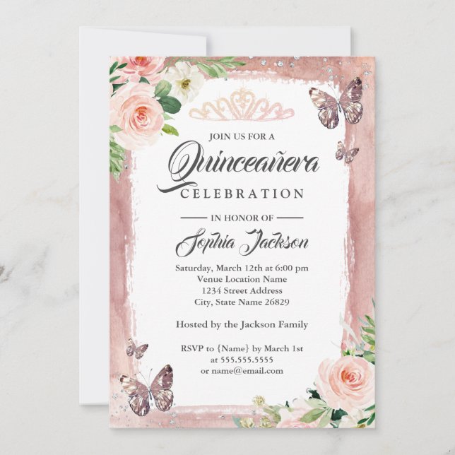 Rose Gold Butterfly Sparkle Floral Quinceanera Invitation (Front)