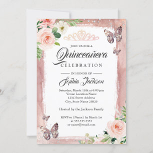 Rose Gold Butterfly Sparkle Floral Quinceanera Invitation