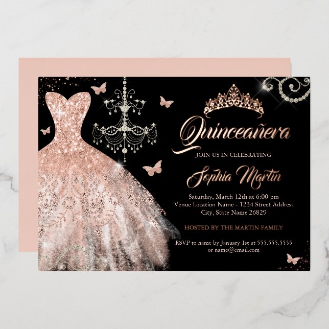 Rose Gold Butterfly Tiara Dress Quinceanera  (Front/Back)
