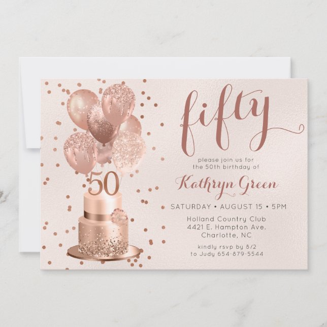 Rose Gold Cake 50th Birthday Invitation (Front)