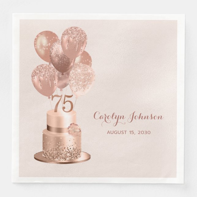 Rose Gold Cake 75th Birthday Napkin (Front)