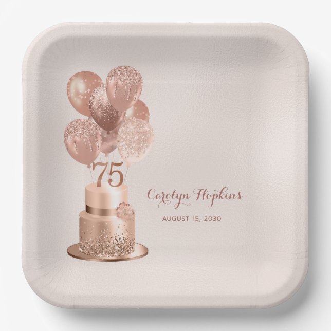 Rose Gold Cake 75th Birthday Paper Plate (Front)