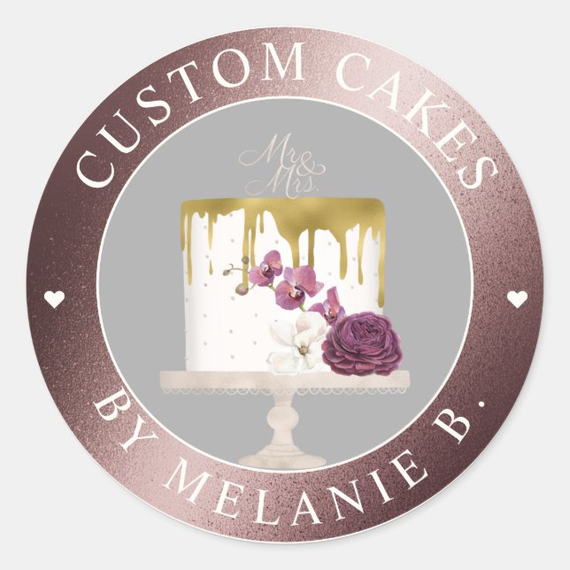 Rose Gold  Cake Business Gold Drip Cake Classic Round Sticker (Front)