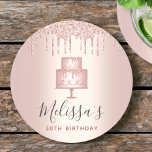 Rose gold cake glitter drips elegant girly party round paper coaster<br><div class="desc">Relax with your favourite beverage and protect your furniture with these simple, modern, girly, and stylish custom name paper coasters. A glittery, chic, rose gold 2 layer cake, elegant script typography and glitter drips overlay a faux metallic rose gold ombre background. Personalise with the name and message of your choice....</div>