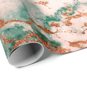 Rose Gold Cali Deep Green Marble Stone Copper Wood Wrapping Paper