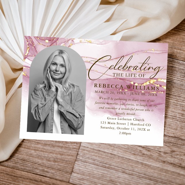 Rose Gold Calligraphy Celebration of Life Funeral Invitation (Creator Uploaded)