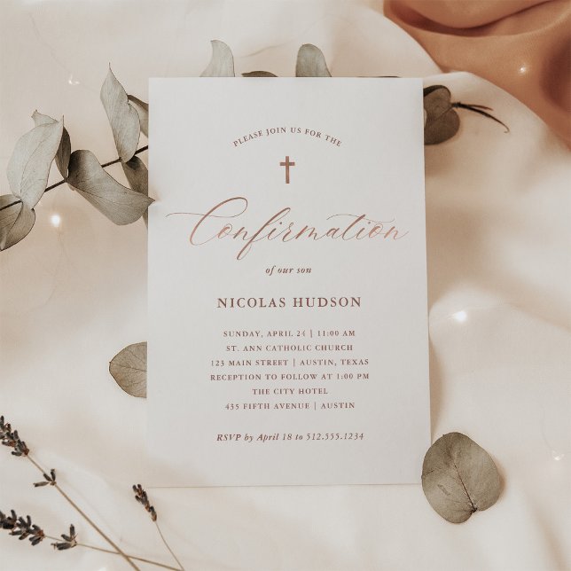Rose Gold Calligraphy Gender Neutral Confirmation Invitation (Creator Uploaded)