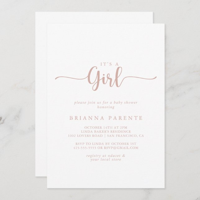 Rose Gold Calligraphy It's A Girl Baby Shower  Invitation (Front/Back)