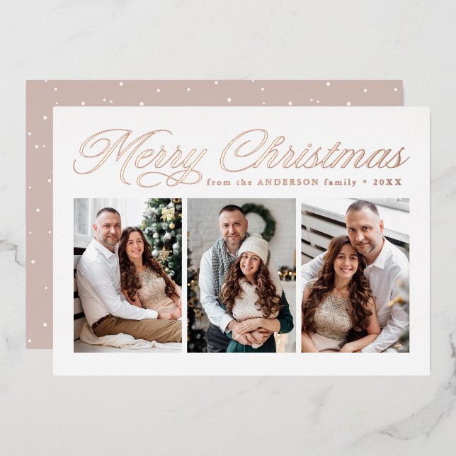 Rose Gold Calligraphy Merry Christmas 3 Photo Foil Holiday Card (Front/Back)