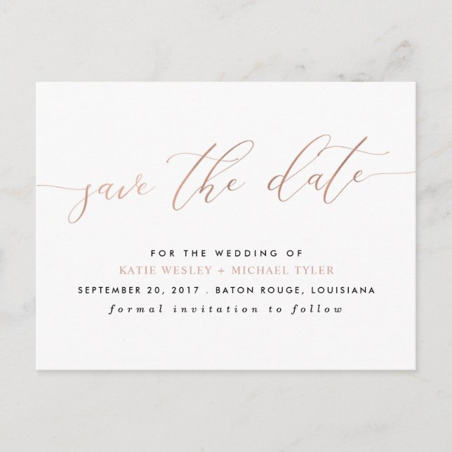 Rose Gold Calligraphy Modern Save the Date Announcement Postcard (Front)