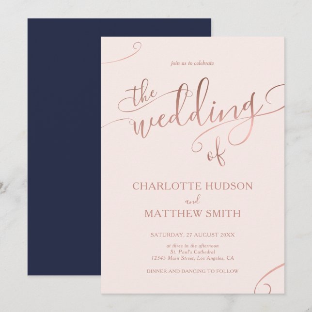 Rose Gold Calligraphy | Navy Wedding Invitation  (Front/Back)