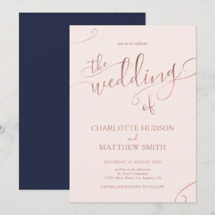 Rose Gold Calligraphy   Navy Wedding Invitation 