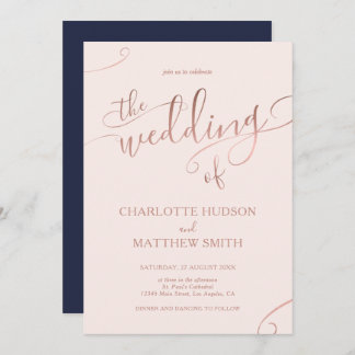 Rose Gold Calligraphy | Navy Wedding Invitation 