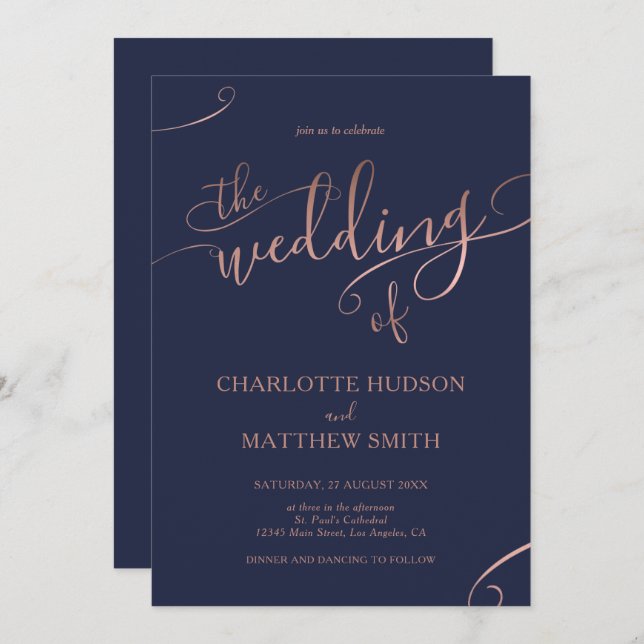 Rose Gold Calligraphy | Navy Wedding Invitation  (Front/Back)