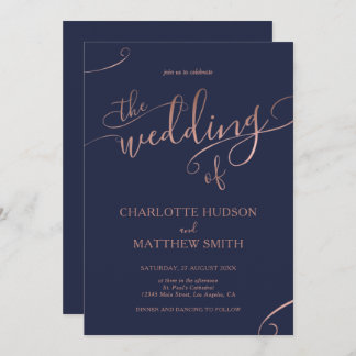Rose Gold Calligraphy | Navy Wedding Invitation 