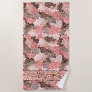Rose Gold Camouflage Faux Glitter Camo Monogram Beach Towel