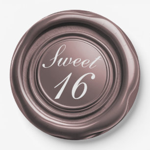 Rose Gold Candle Wax Seal Drip Sweet 16 Wedding Paper Plate