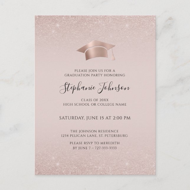 Rose Gold Cap and Tassel Blush Pink Grad Party Invitation Postcard (Front)