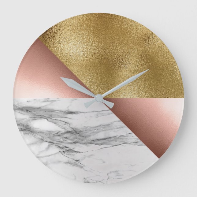 Rose Gold Carrara Marble Grey Geometry Metallic Large Clock (Front)