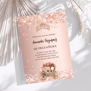 Rose gold carriage tiara glitter Quinceanera Invitation