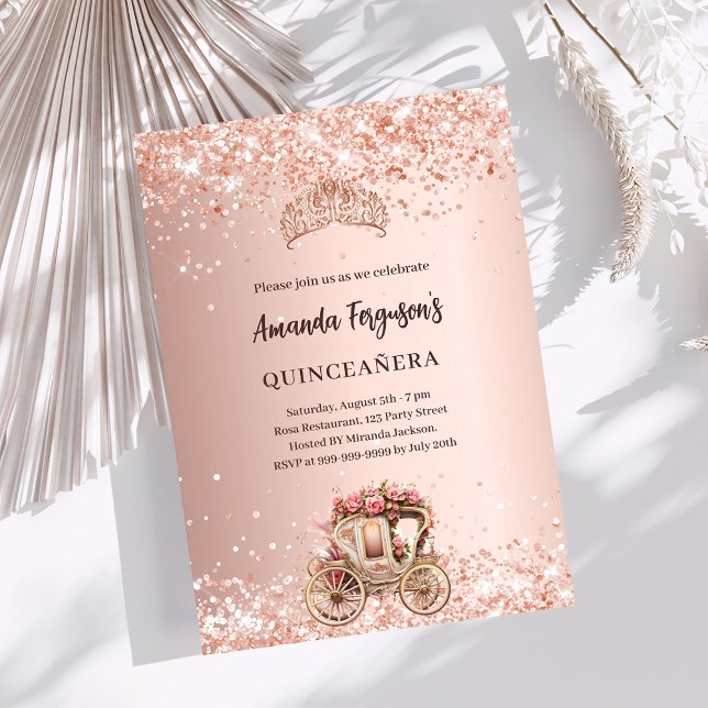 Rose gold carriage tiara glitter Quinceanera Invitation (Creator Uploaded)