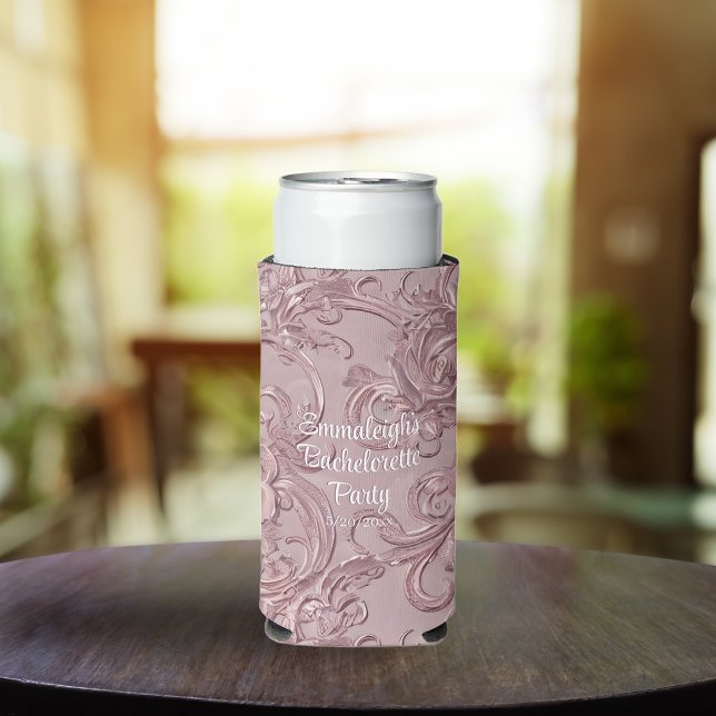 Rose Gold Carved Wood Bachelorette Party Favour Seltzer Can Cooler (Creator Uploaded)