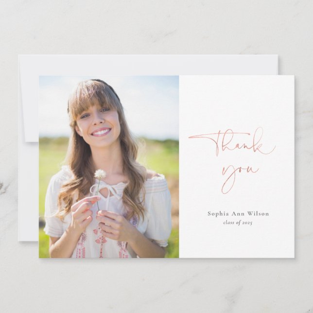 Rose Gold Casual Script Photo Graduation Thank You Card (Front)