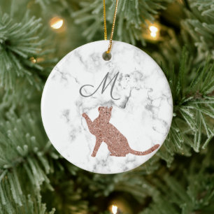 Rose gold cat silhouette - your monogram  ceramic ornament