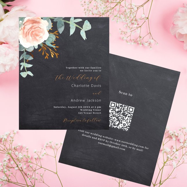 Rose gold chalkboard QR budget wedding invitation (Creator Uploaded)