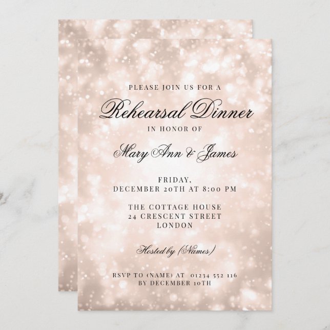 Rose Gold Champagne Bokeh Elegant Rehearsal Dinner Invitation (Front/Back)