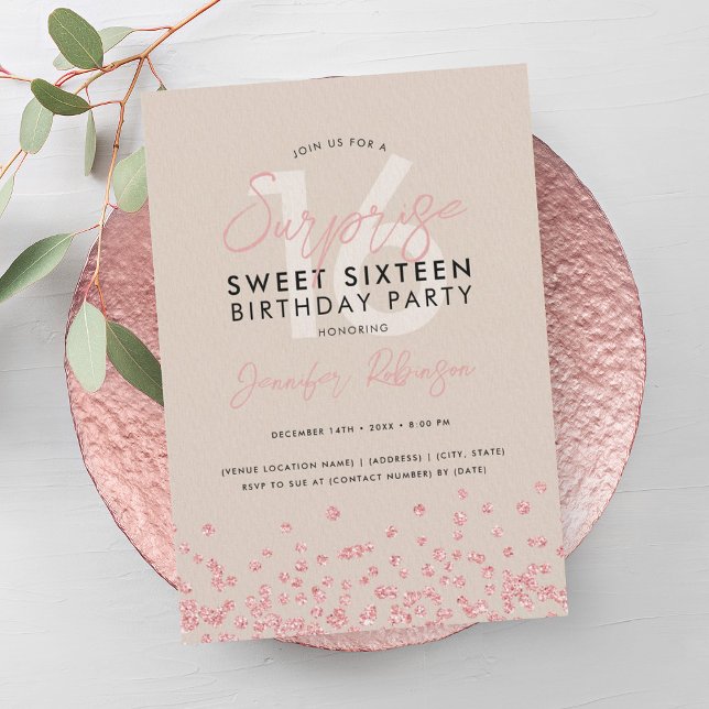 Rose Gold Champagne Glitter Surprise Sweet 16  Invitation (Rose Gold Champagne Glitter Surprise Sweet 16 Invitation)