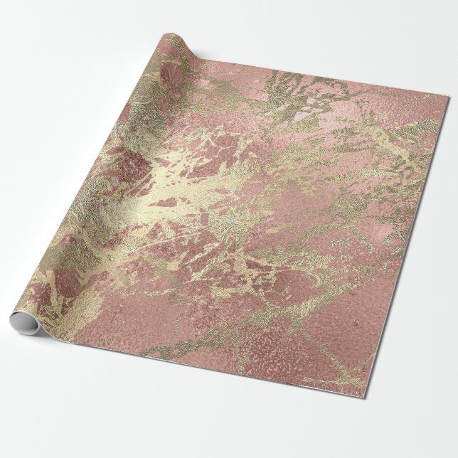 Rose Gold Champaigne Marble Shiny Metallic Strokes Wrapping Paper (Unrolled)