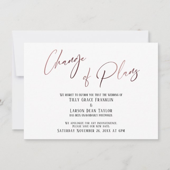 Rose Gold Change of Plans Postponed Wedding Card (Front)