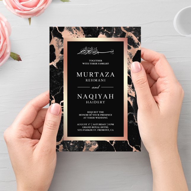 Rose Gold Charcoal Black Marble Muslim Wedding Invitation (Creator Uploaded)