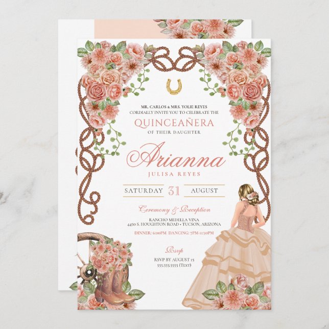 Rose Gold Charra Western Style Floral Quinceañera Invitation (Front/Back)