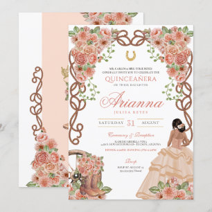 Rose Gold Charra Western Style Floral Quinceañera Invitation