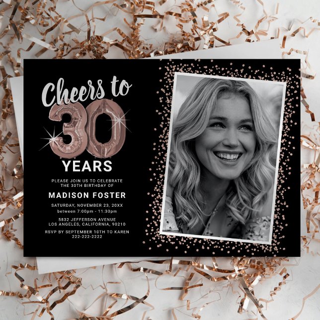 Rose Gold Cheers to 30th Birthday Photo Invitation (Creator Uploaded)