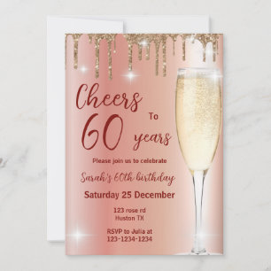 Rose gold Cheers to 60 year birthday invitation