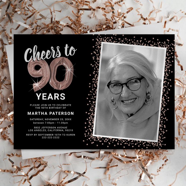 Rose Gold Cheers to 90th Birthday Photo Invitation (Creator Uploaded)