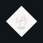 Rose gold Cheers to Eighty Modern 80th Birthday Napkin<br><div class="desc">This custom paper napkin will add stylish detail to your 80th birthday celebration. This design features chic rose gold lettering "Eighty" with custom text. Matching invitations and party supplies are available in my shop BaraBomDesign.</div>