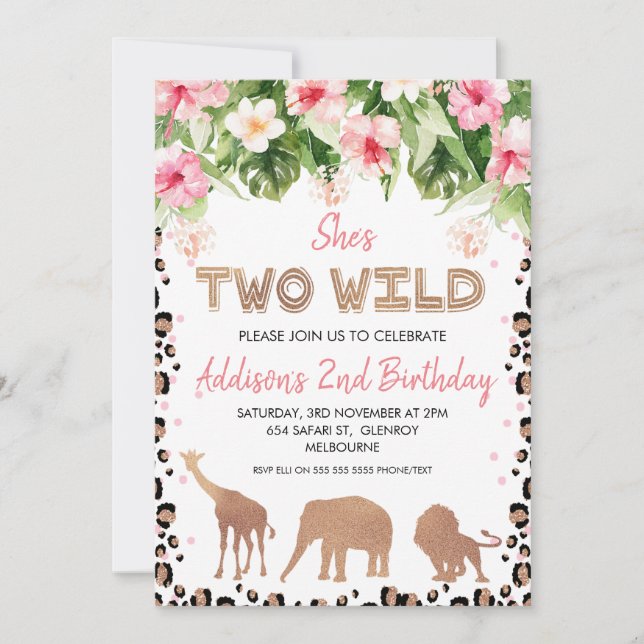 Rose Gold Cheetah Print Two Wild Second Birthday Invitation (Front)