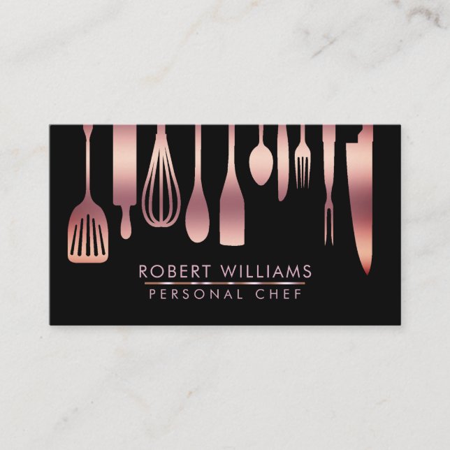 Rose Gold Chef Kitchen Tools Glitter Faux Catering Business Card (Front)