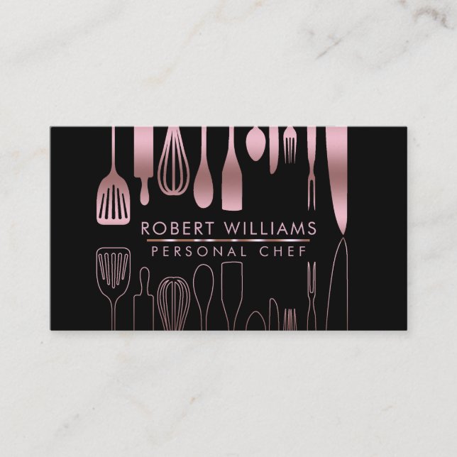 Rose Gold Chef Kitchen Tools Glitter Faux Catering Business Card (Front)