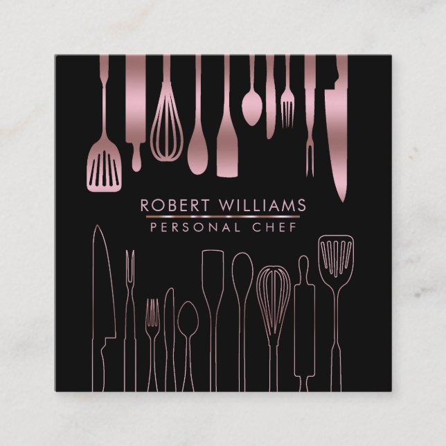 Rose Gold Chef Kitchen Tools Glitter Faux Catering Square Business Card (Front)