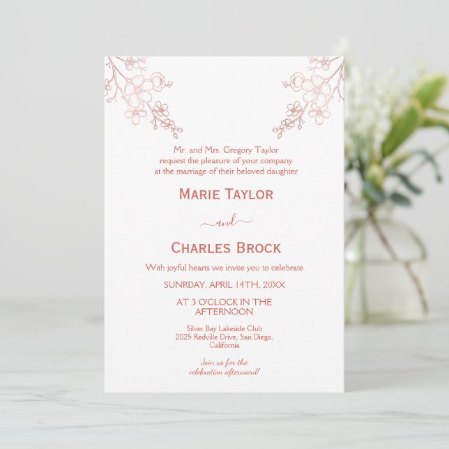 Rose Gold Cherry Blossom Wedding Invitation (Standing Front)