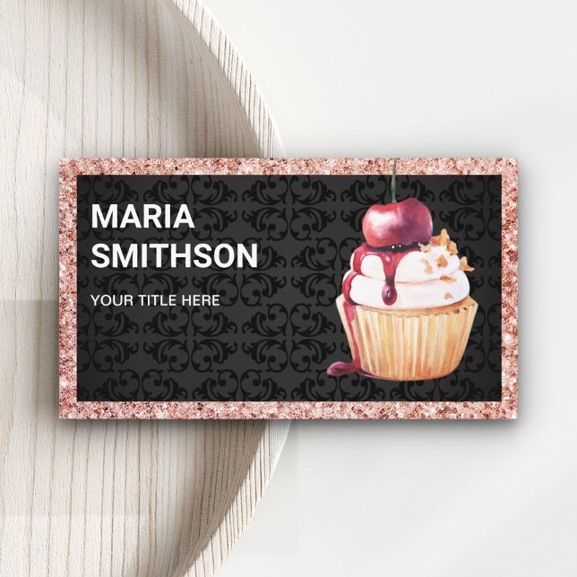 Rose Gold Cherry Cupcake Pastry Chef Bakery Business Card (Creator Uploaded)