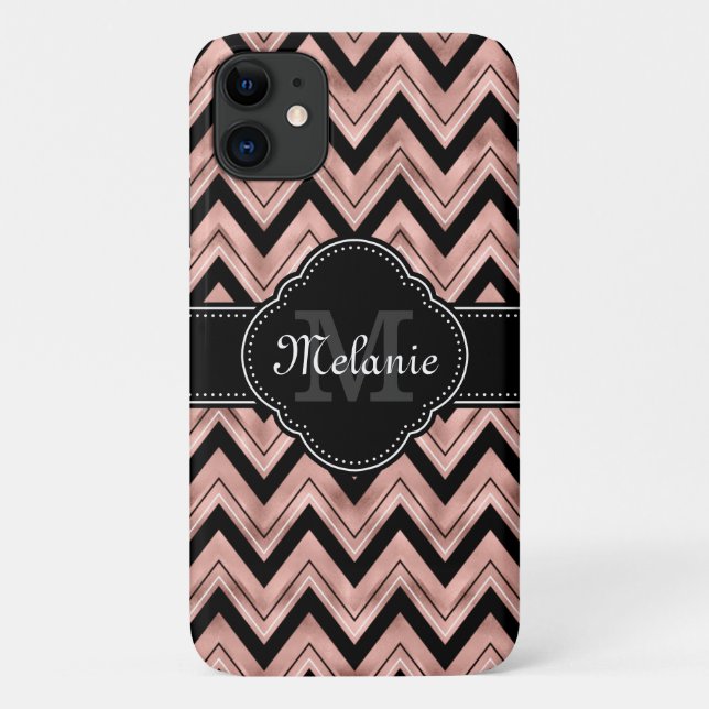Rose Gold Chevron Pattern Black White Monogram Case-Mate iPhone Case (Back)