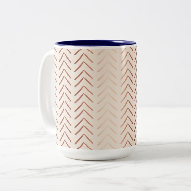 Rose Gold Chevron Pattern on Cream Two-Tone Coffee Mug (Front Left)